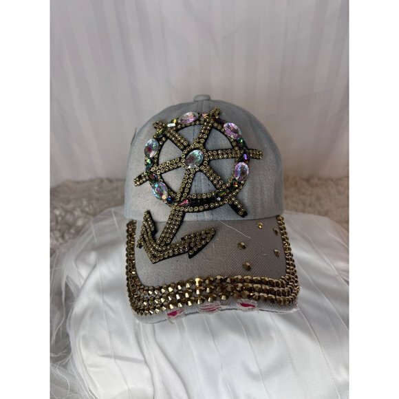 Rhinestone Sequins Blue Denim Rhinestone Sequins Anchor Rhinestone Hat‎ - Picture 1 of 7